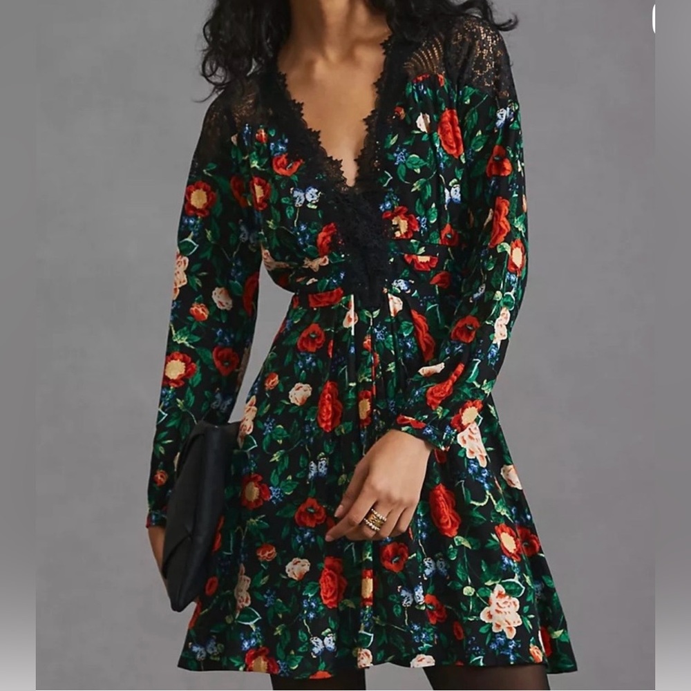 Anthropologie Black Floral Lace-Trim Long Sleeve Mini Dress
